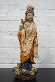 A tall Chinese sancai pottery figure of a guanyin, prob. Ming Dynasty