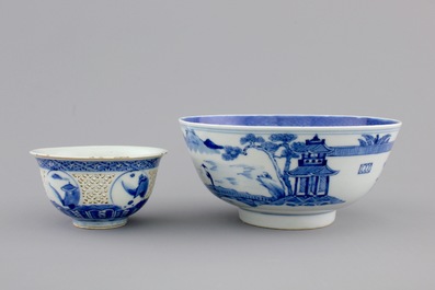 Two Chinese blue and white porcelain bowls, one open-worked, 17/18th C.