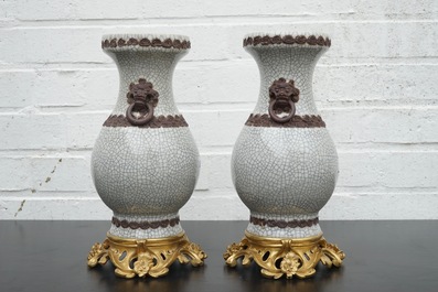 A pair of Chinese crackle glaze vases on bronze mounts, 19th C.