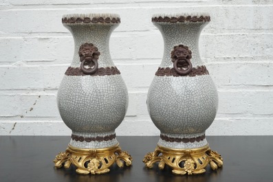 A pair of Chinese crackle glaze vases on bronze mounts, 19th C.