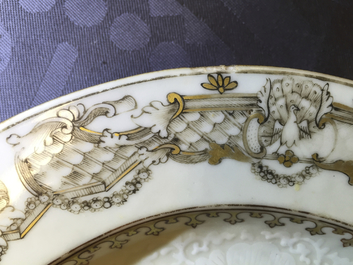 Three Chinese armorial export porcelain bianco sopra bianco and grisaille plates, Qianlong, 18th C.