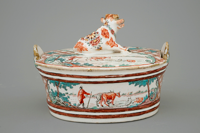 A Dutch Delft petit feu butter tub with a cow, dated 1747