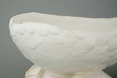A white Delftware duck-shaped tureen and cover, Brussels or France, 18th C.