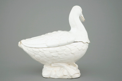A white Delftware duck-shaped tureen and cover, Brussels or France, 18th C.
