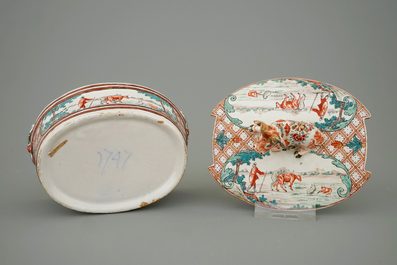 A Dutch Delft petit feu butter tub with a cow, dated 1747