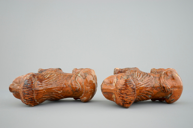 An unusual pair of lions in redware pottery, probably France, 17/18th C.