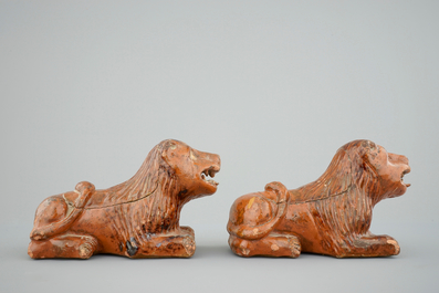 An unusual pair of lions in redware pottery, probably France, 17/18th C.