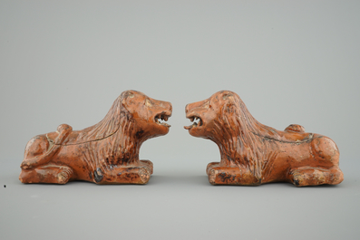 An unusual pair of lions in redware pottery, probably France, 17/18th C.