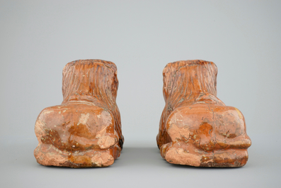 An unusual pair of lions in redware pottery, probably France, 17/18th C.