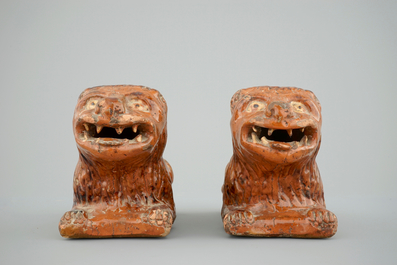 An unusual pair of lions in redware pottery, probably France, 17/18th C.