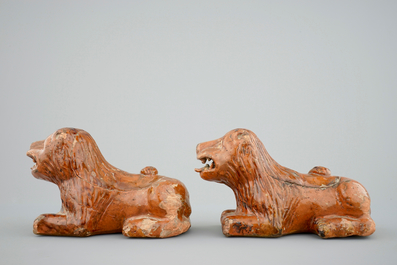 An unusual pair of lions in redware pottery, probably France, 17/18th C.