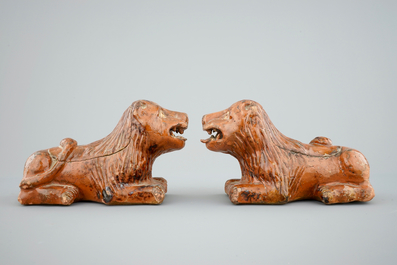 An unusual pair of lions in redware pottery, probably France, 17/18th C.