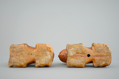 An unusual pair of lions in redware pottery, probably France, 17/18th C.