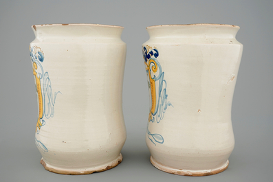 A pair of tall albarelli with boars, Italy, 18th C.