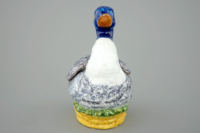 A Brussels faience polychrome duck-shaped tureen and cover, 18th C.