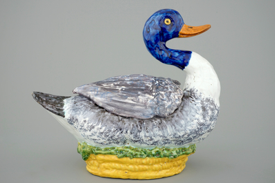 A Brussels faience polychrome duck-shaped tureen and cover, 18th C.