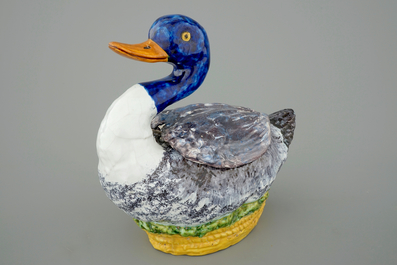 A Brussels faience polychrome duck-shaped tureen and cover, 18th C.