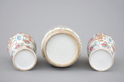 A large group of Canton rose medallion, 3 vases and 3 bowls, 19th C.
