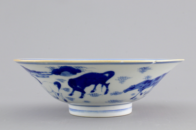 A Chinese blue and white conical bowl: &quot;Horses of Mu Wang&quot;, Shunzhi/Kangxi, 17th C.
