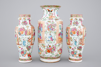 Un lot de 3 vases et 3 bols en porcelaine de Canton famille rose, 19&egrave;me