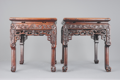 Two Chinese carved hongmu wood marble top vase stands, 19th C.