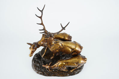 Jules-Edmond Masson (1871-1932), Deer and two hindes on a rock, bronze group,