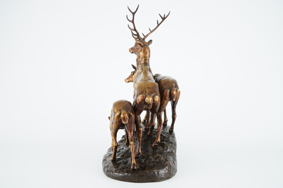 Jules-Edmond Masson (1871-1932), Deer and two hindes on a rock, bronze group,