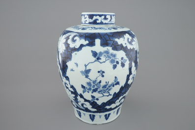 A Dutch Delft blue and white ginger jar and cover, early 18th C.