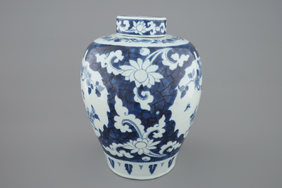 A Dutch Delft blue and white ginger jar and cover, early 18th C.