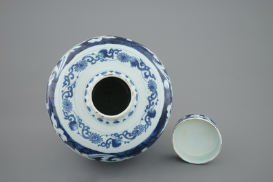 A Dutch Delft blue and white ginger jar and cover, early 18th C.