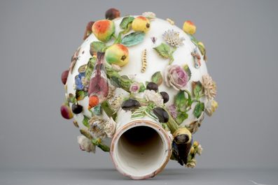 A Meissen style two-handled bottle vase with applied insects, birds and flowers, 19/20th C.