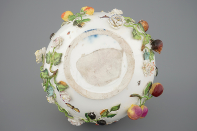 A Meissen style two-handled bottle vase with applied insects, birds and flowers, 19/20th C.