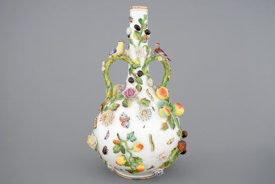 A Meissen style two-handled bottle vase with applied insects, birds and flowers, 19/20th C.