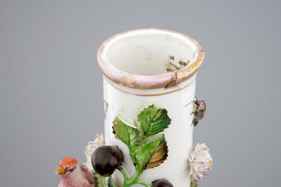 A Meissen style two-handled bottle vase with applied insects, birds and flowers, 19/20th C.