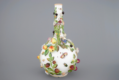 A Meissen style two-handled bottle vase with applied insects, birds and flowers, 19/20th C.