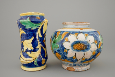 An Italian maiolica ointment jar and an albarello, Caltagirone, 17th C.