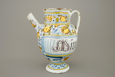 A polychrome maiolica syrup jar, Savona, 17th C.