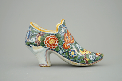 A Dutch Delft polychrome shoe, 18th C.