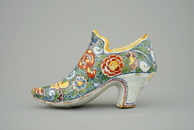 A Dutch Delft polychrome shoe, 18th C.