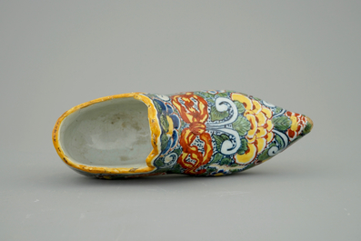 A Dutch Delft polychrome shoe, 18th C.