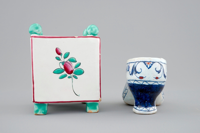 Un pot &agrave; fleurs en fa&iuml;ence de l'Est et une chaussure en Rouen, 18/19&egrave;me