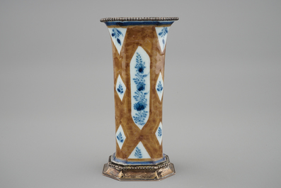 A Dutch Delft capucin brown miniature vase with silver mounts, 18th C.