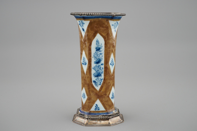 A Dutch Delft capucin brown miniature vase with silver mounts, 18th C.