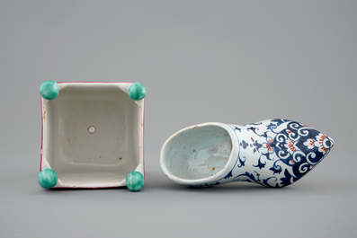 Un pot &agrave; fleurs en fa&iuml;ence de l'Est et une chaussure en Rouen, 18/19&egrave;me