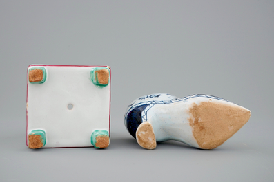 Un pot &agrave; fleurs en fa&iuml;ence de l'Est et une chaussure en Rouen, 18/19&egrave;me