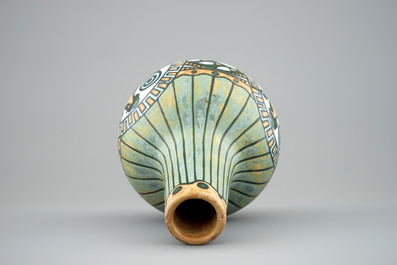 Een flesvormige vaas met een haan, Boch K&eacute;ramis Gr&egrave;s, 1e helft 20e eeuw