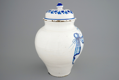 A blue and white tobacco jar and cover 'Tabac de Paris', late 18th C.