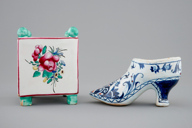 Un pot &agrave; fleurs en fa&iuml;ence de l'Est et une chaussure en Rouen, 18/19&egrave;me