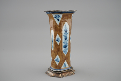 A Dutch Delft capucin brown miniature vase with silver mounts, 18th C.