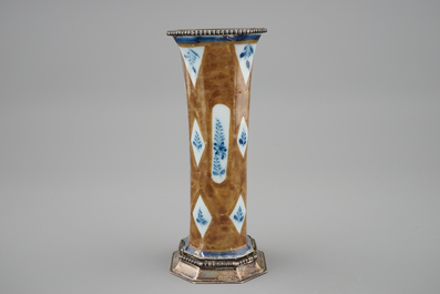 A Dutch Delft capucin brown miniature vase with silver mounts, 18th C.